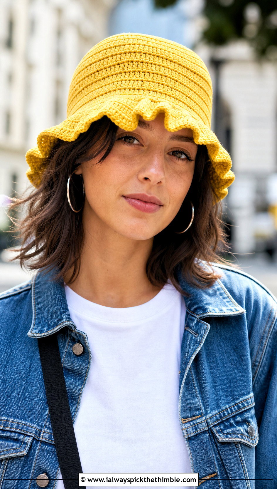 Solid Cotton Ruffle Crochet Bucket Hat With White T Shirt And Jeans - 20 Frilly Crochet Bucket Hat outfit ideas