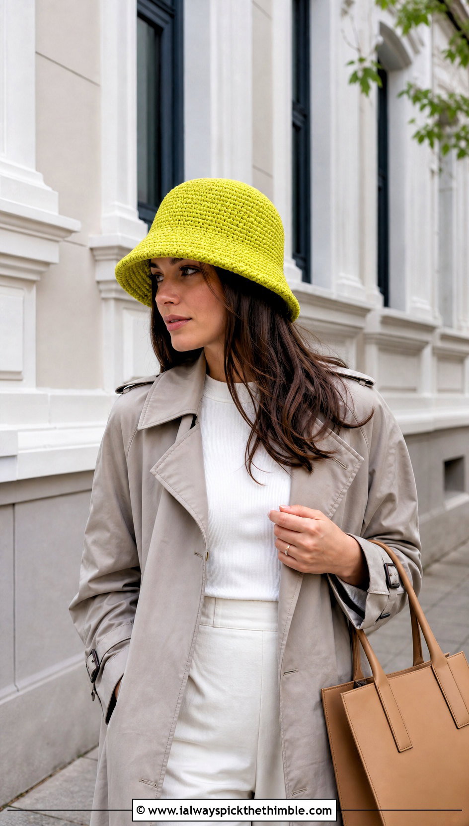 Solid Crochet Bucket Hat With Trench Coat - 20 crochet hat for beginners outfit ideas