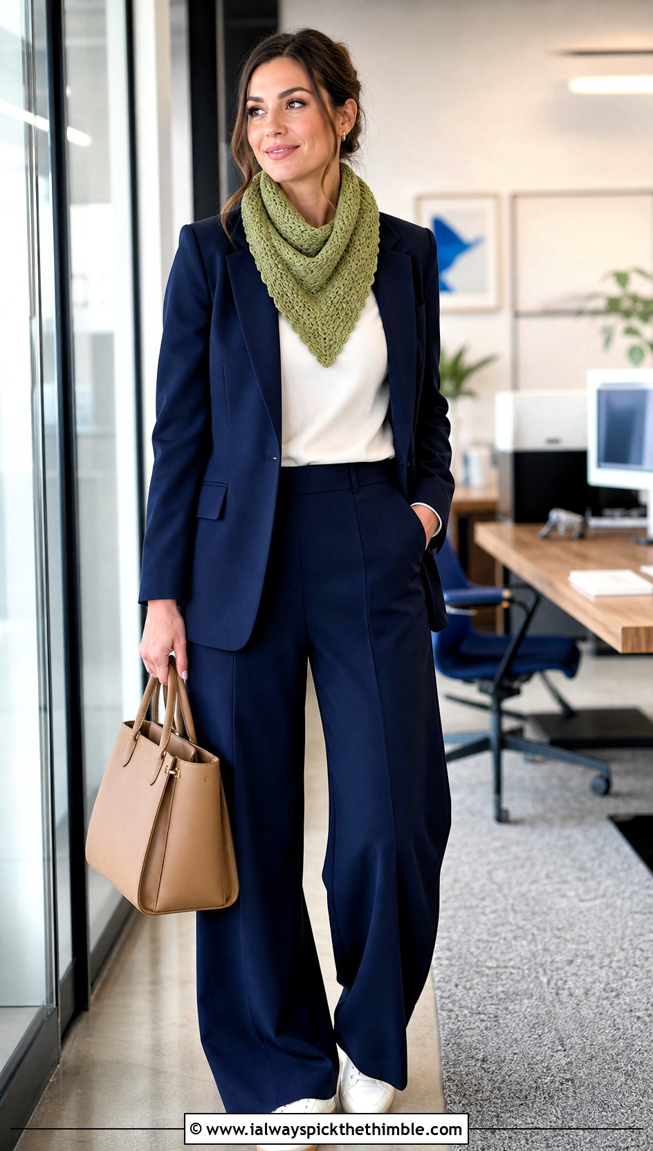 Solid Crochet Road Trip Scarf With Tailored Suit - 15 Crochet Road Trip Scarf outfit ideas