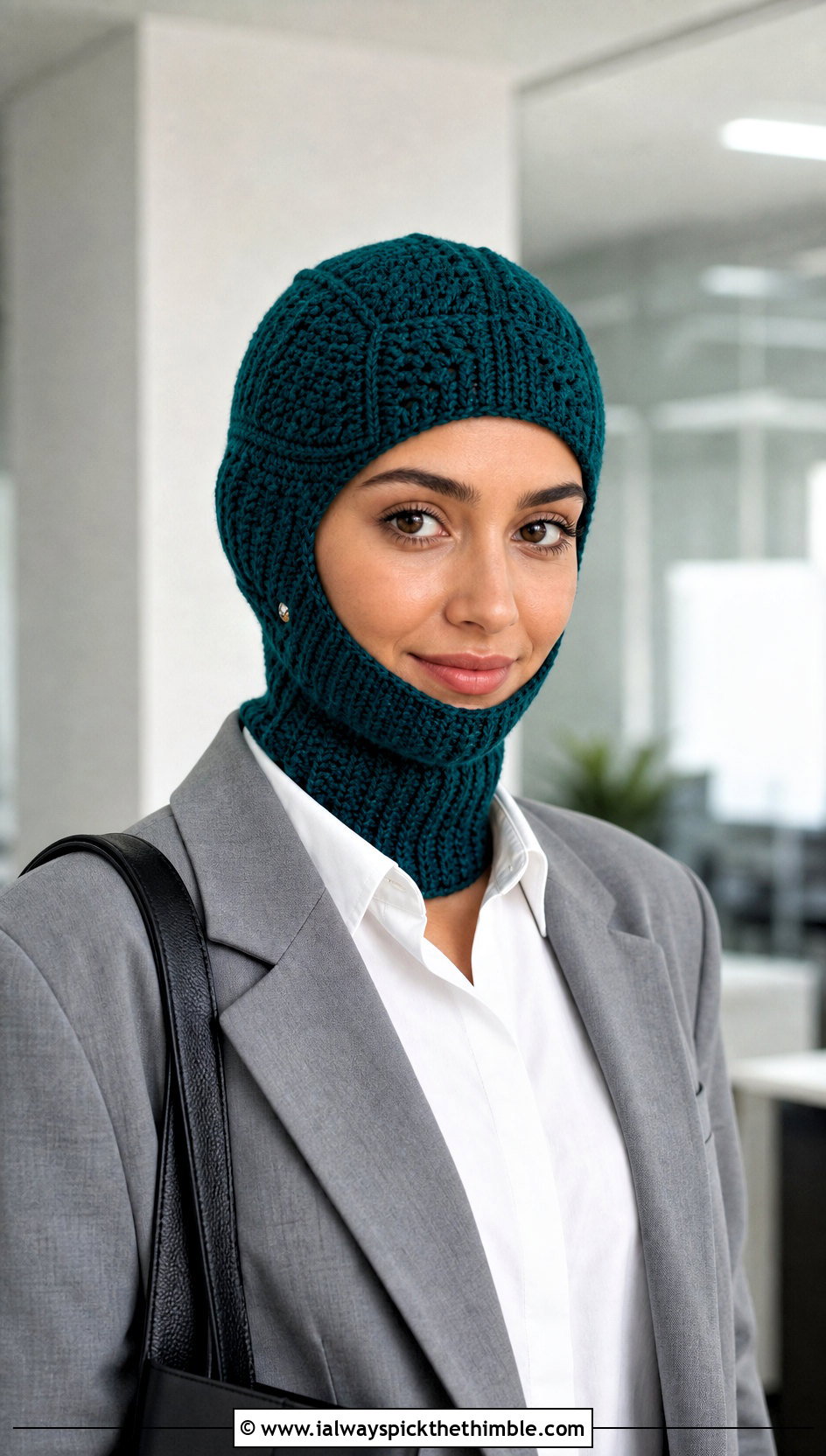 Solid Granny Square Balaclava With Office Blazer - 20 crochet granny square balaclava outfit ideas