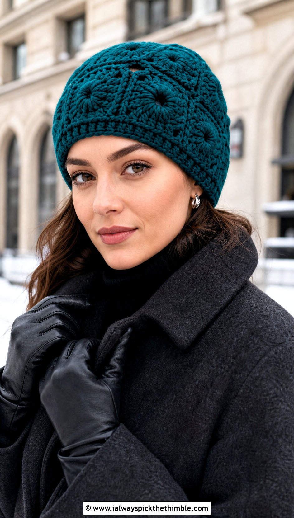 Solid Granny Square Beanie With Wool Coat - 25 granny square hats outfit ideas