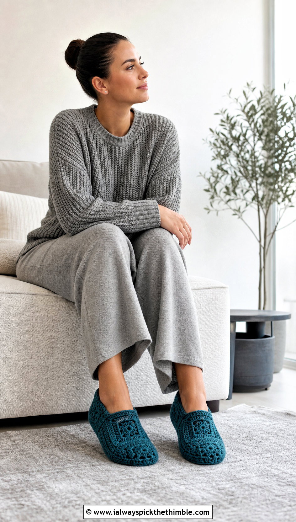 Solid Granny Square Crochet Slippers With Knit Loungewear - 20 Easy Granny Square Crochet Slippers outfit ideas