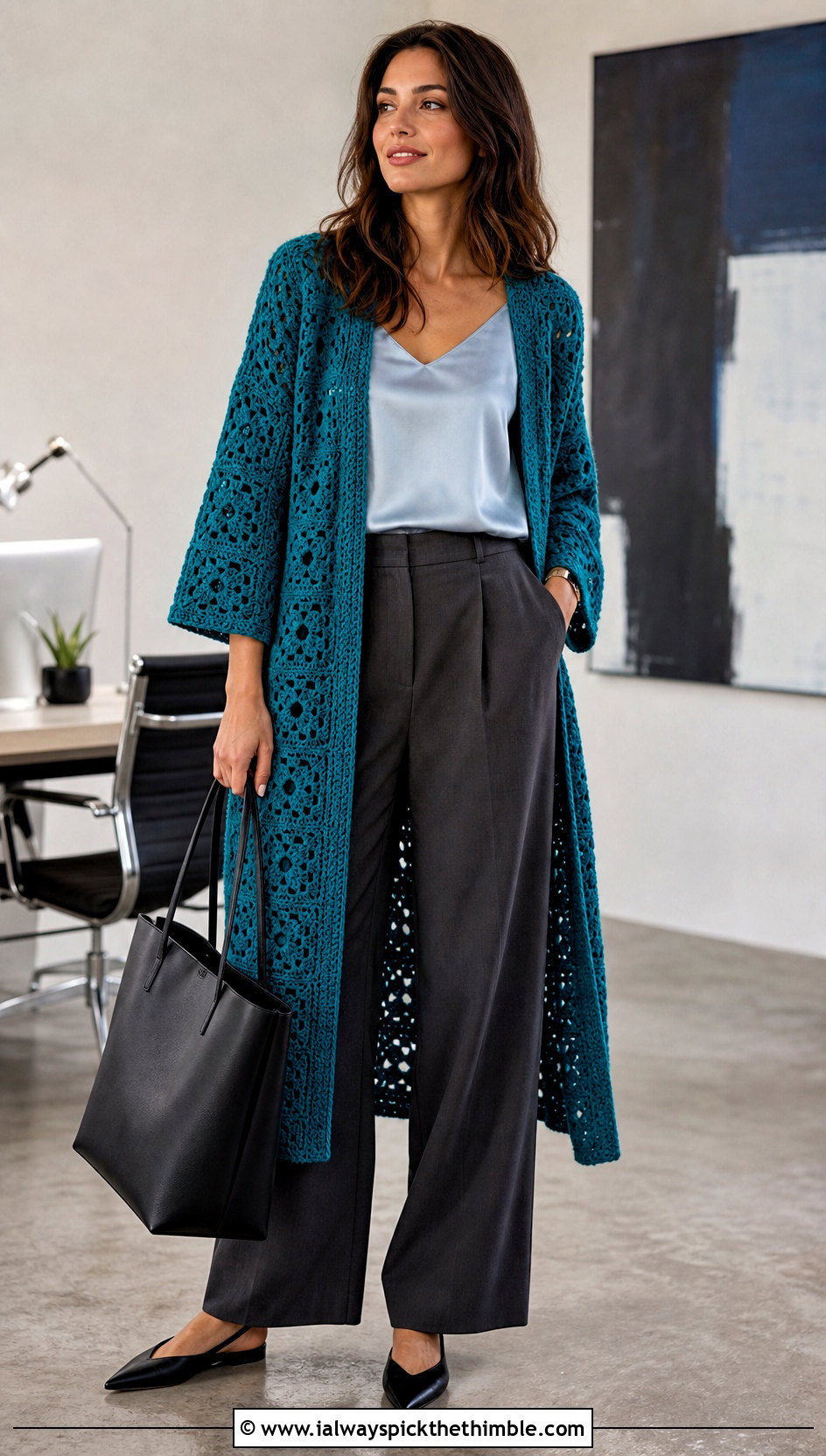 Solid Granny Square Duster With Tailored Trousers - 25 granny square duster outfit ideas