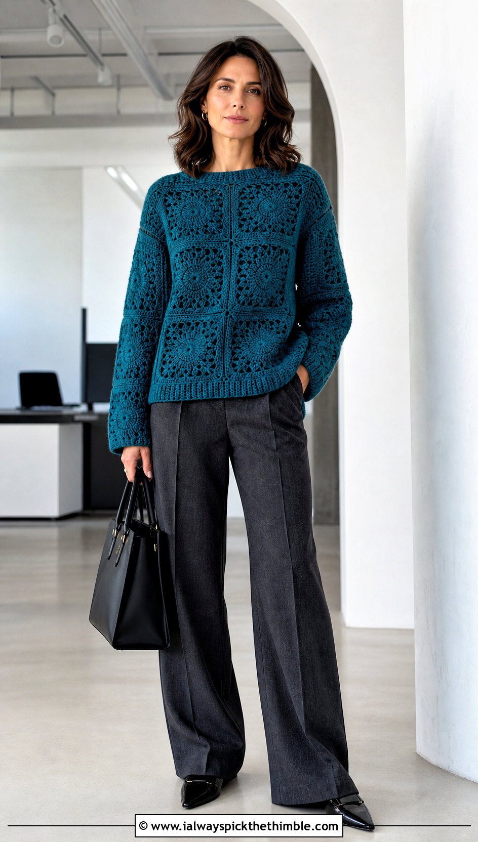 Solid Granny Square Jumper With Tailored Trousers - 25 granny square jumper outfit ideas