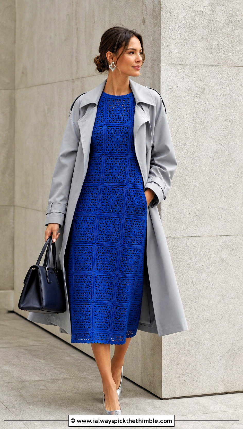Solid Granny Square Midi Dress With Trench Coat - 25 granny square dress outfit ideas