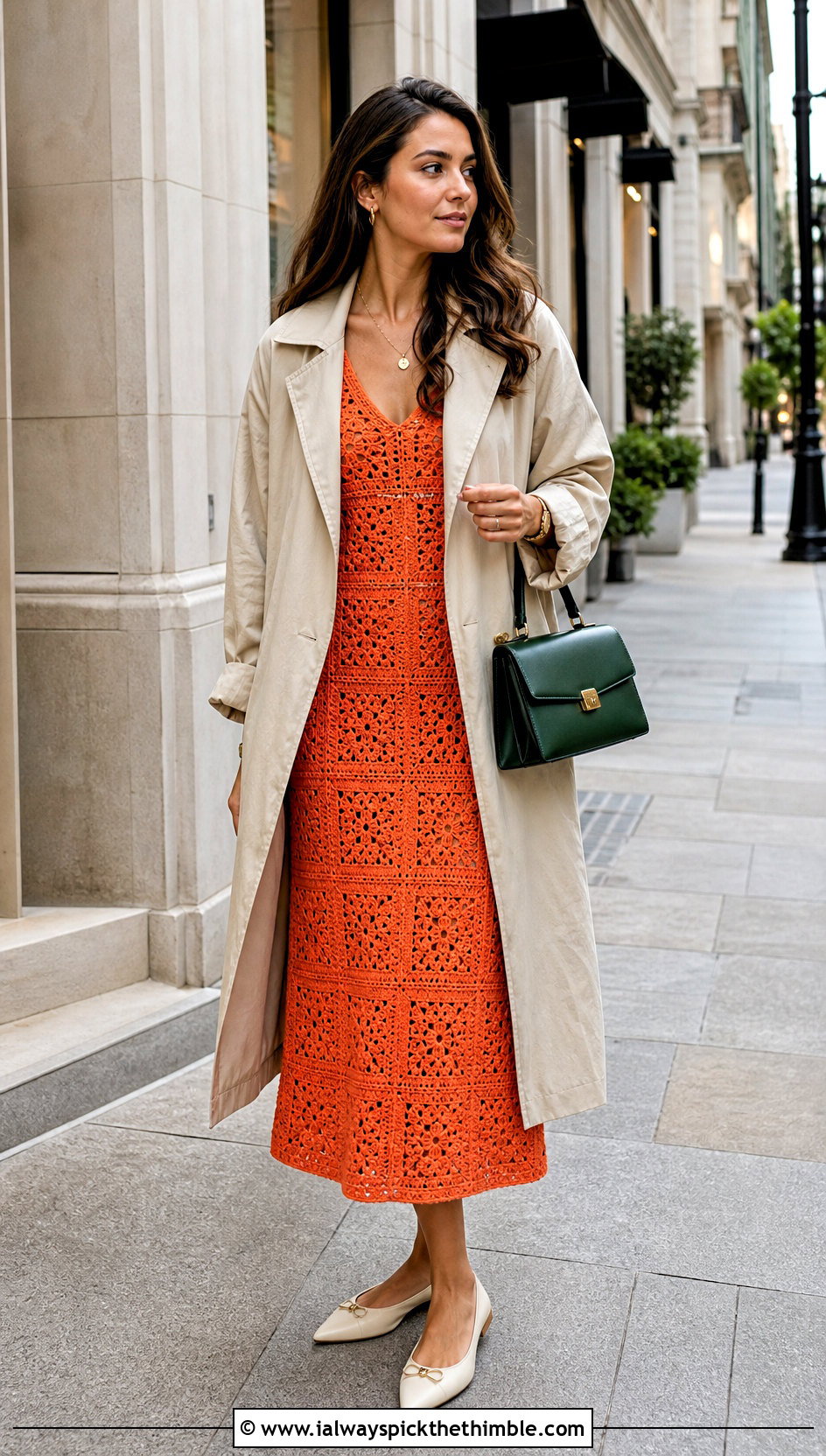 Solid Granny Square Midi Dress With Trench Coat - 20 Granny Square Crochet Dress outfit ideas