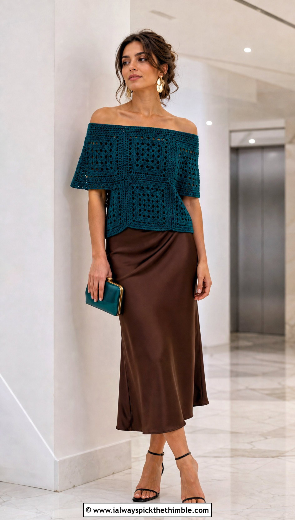 Solid Granny Square Off The Shoulder Top With Satin Midi Skirt - 15 Crochet Off The Shoulder Granny Square Top outfit ideas
