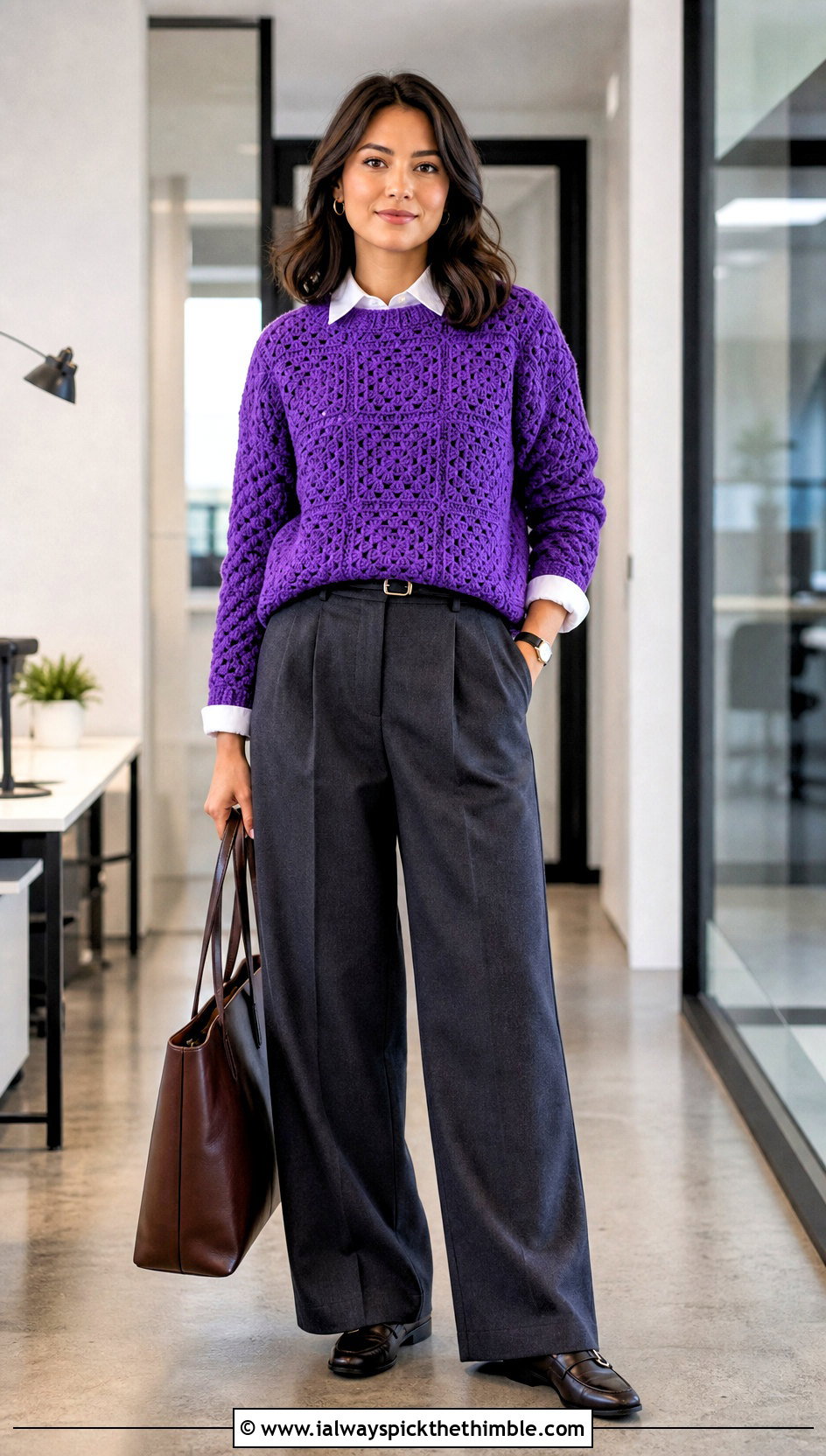 Solid Granny Square Pullover With Tailored Trousers - 20 crochet granny square pullover sweater outfit ideas