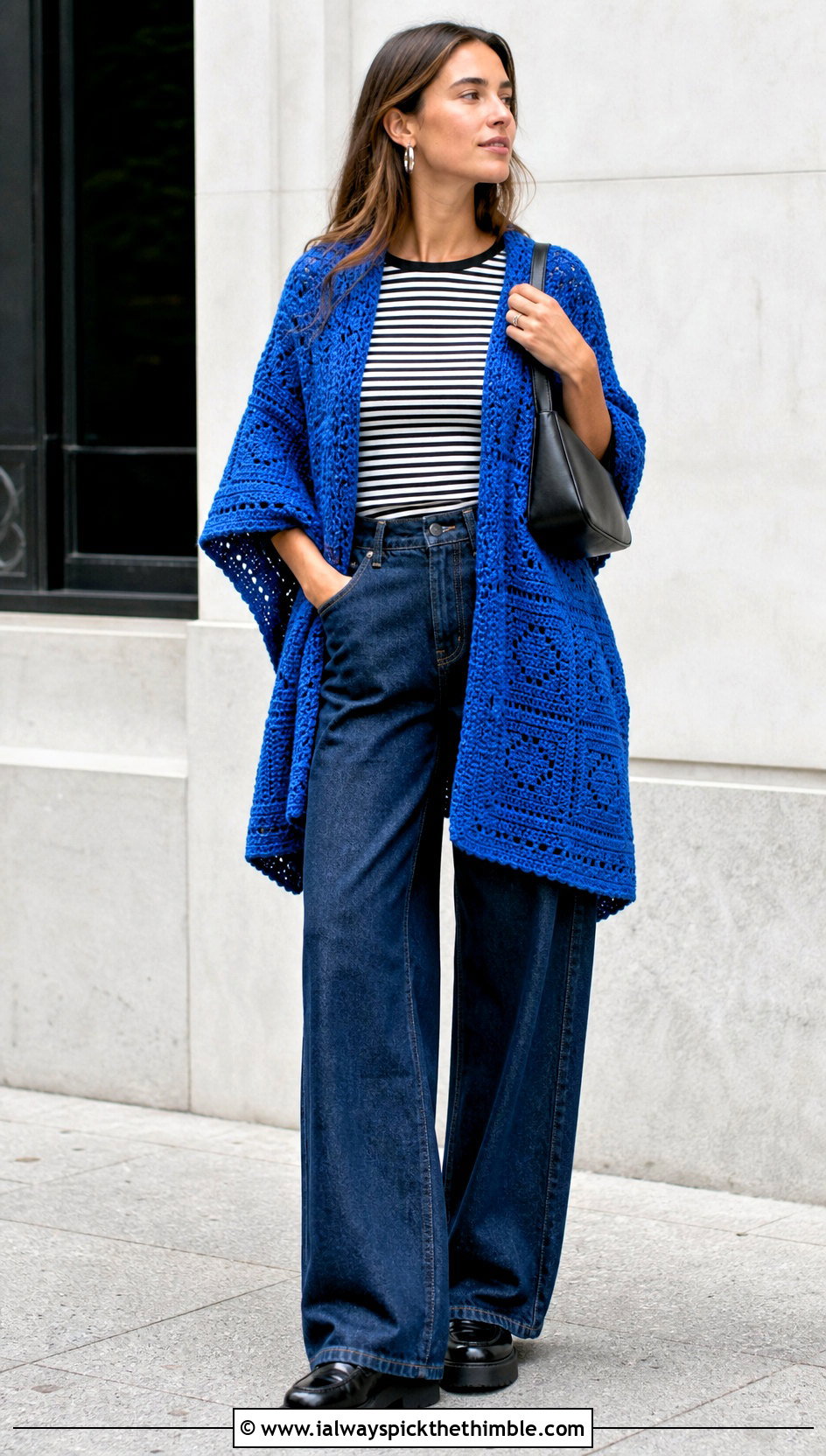 Solid Granny Square Ruana With Wide Leg Jeans - 20 Granny Square Ruana outfit ideas
