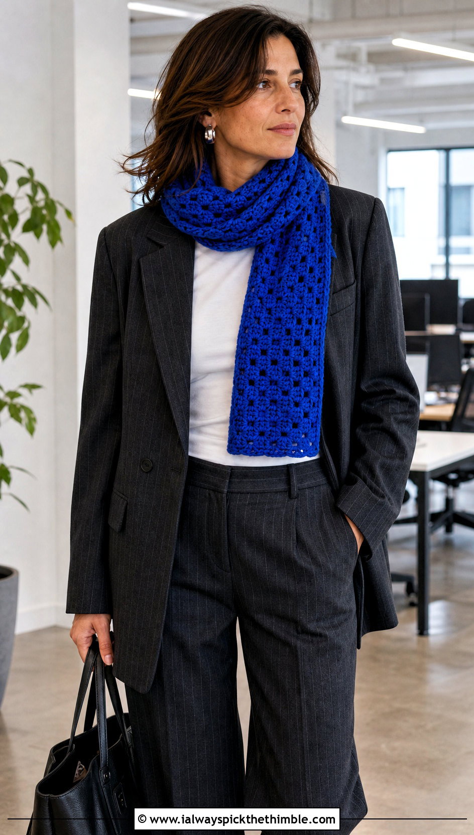 Solid Granny Square Scarf With Pinstripe Suit And Sneakers - 25 granny square scarf outfit ideas