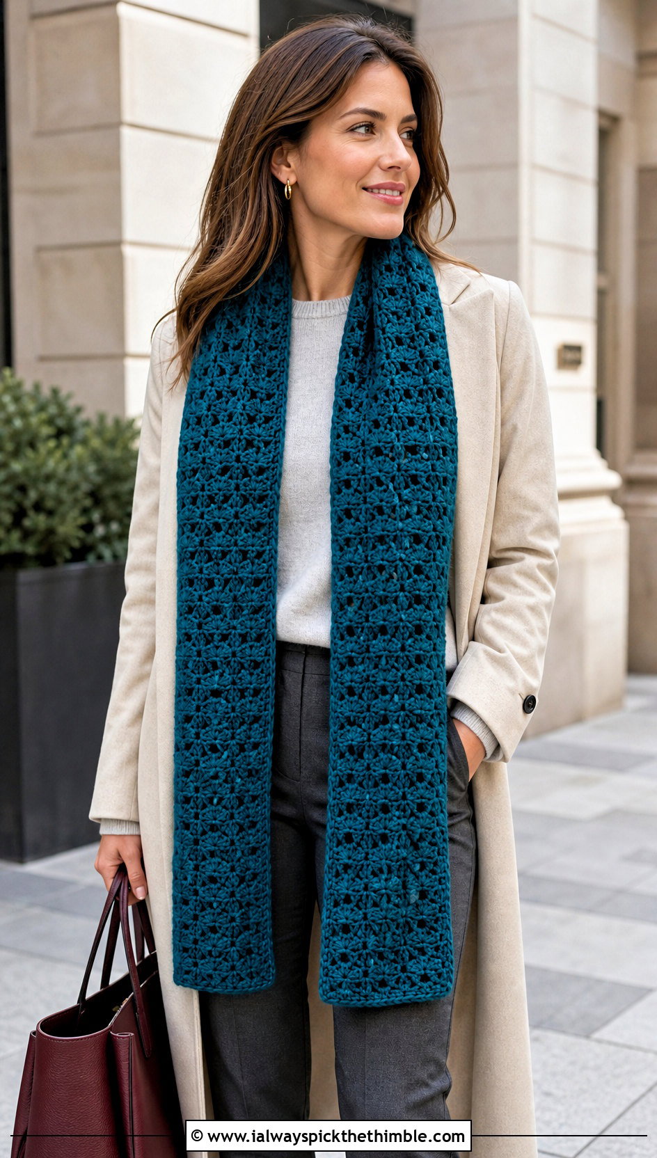 Solid Granny Square Scarf With Trench Coat And Loafers - 20 crochet scarf squares outfit ideas