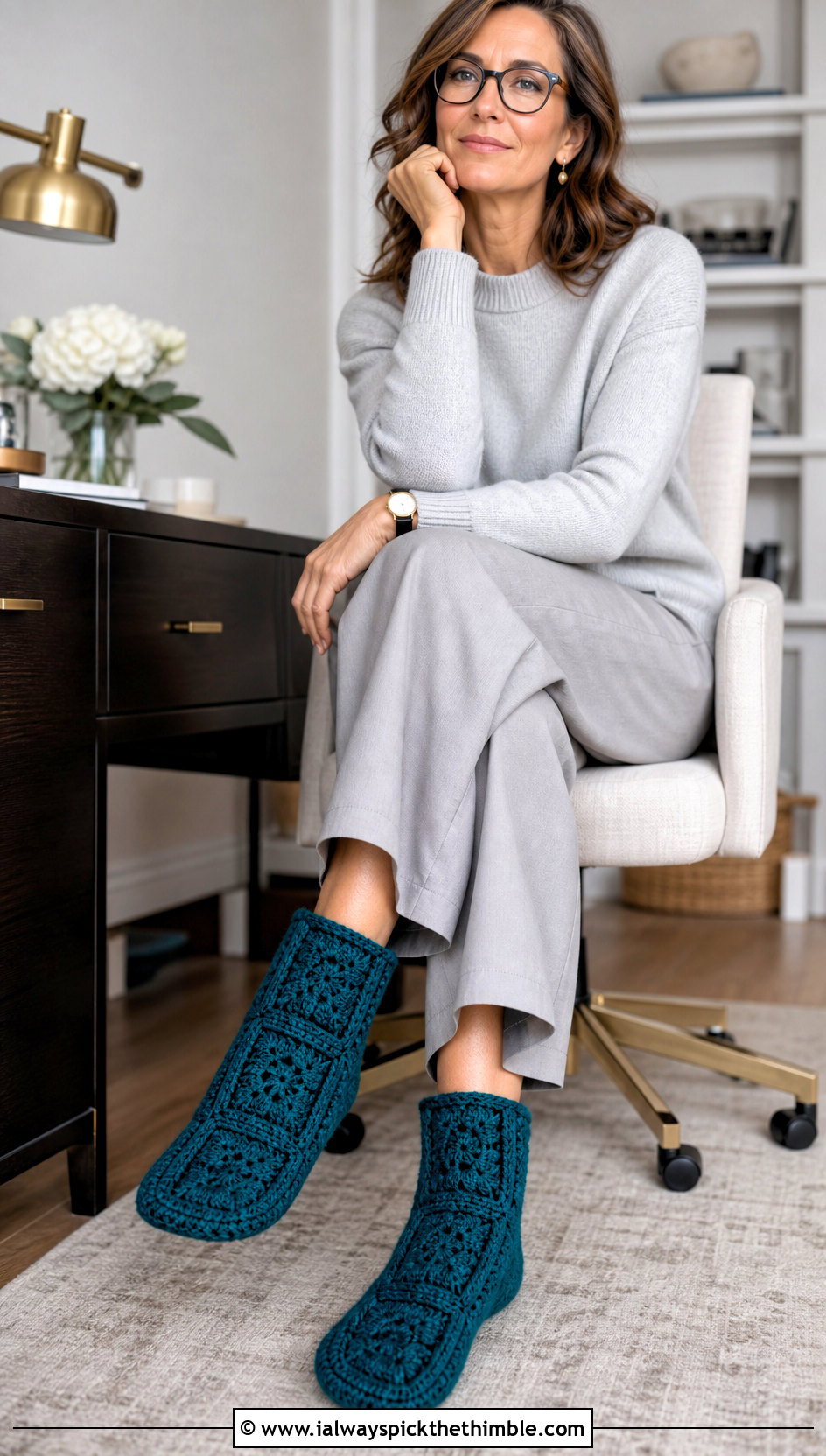 Solid Granny Square Slipper Socks With A Cashmere Sweater And Wide Leg Pants - 15 Granny Square Slipper Socks outfit ideas