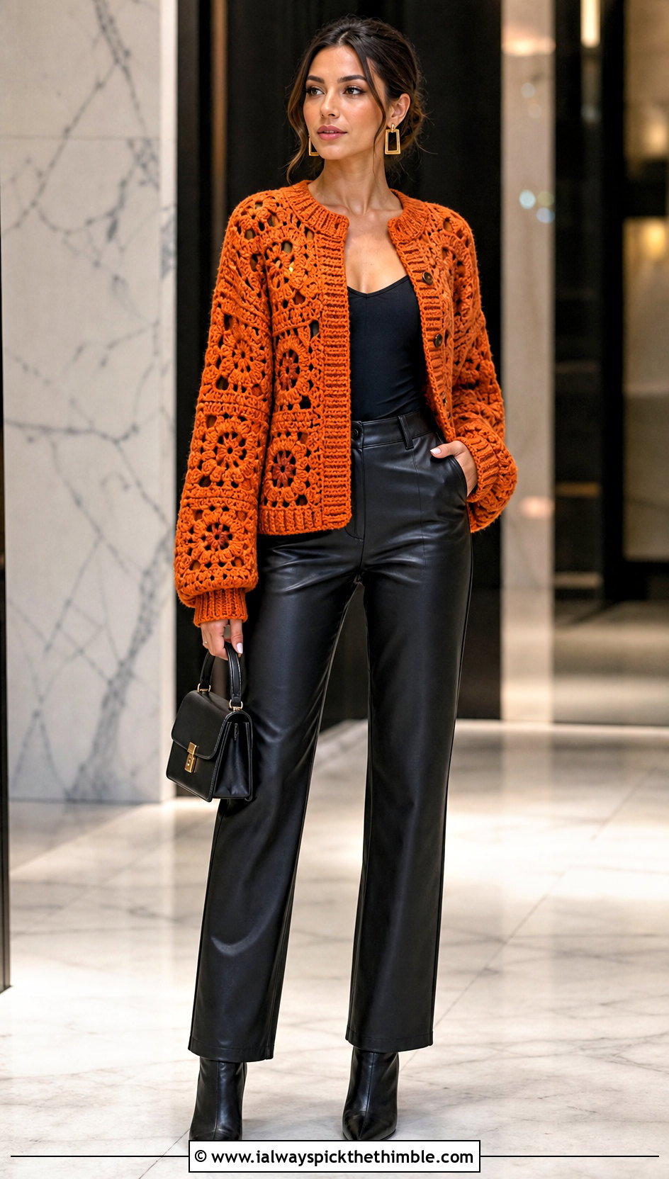 Solid Granny Square Sweater With Leather Pants - 20 granny crochet sweater outfit ideas
