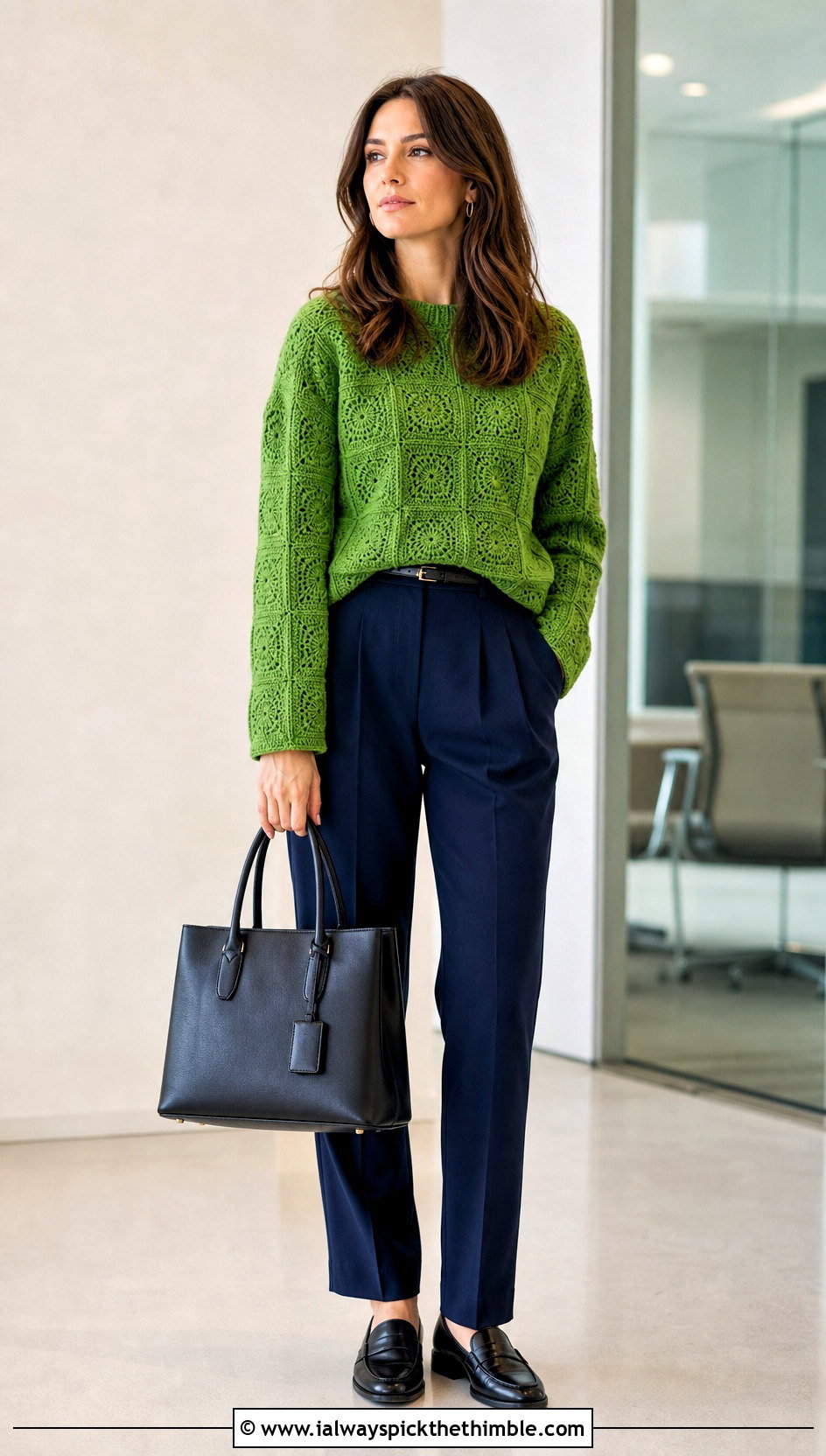 Solid Granny Square Sweater With Pleated Trousers - 25 4 Granny Square Sweater outfit ideas
