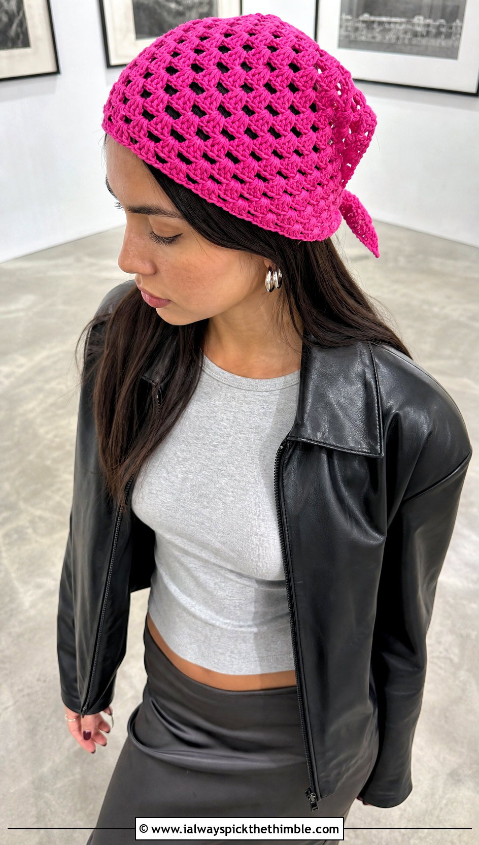 Solid Granny Stitch Bandana With Leather Jacket And Slip Skirt - 20 crochet bandana hair scarf outfit ideas
