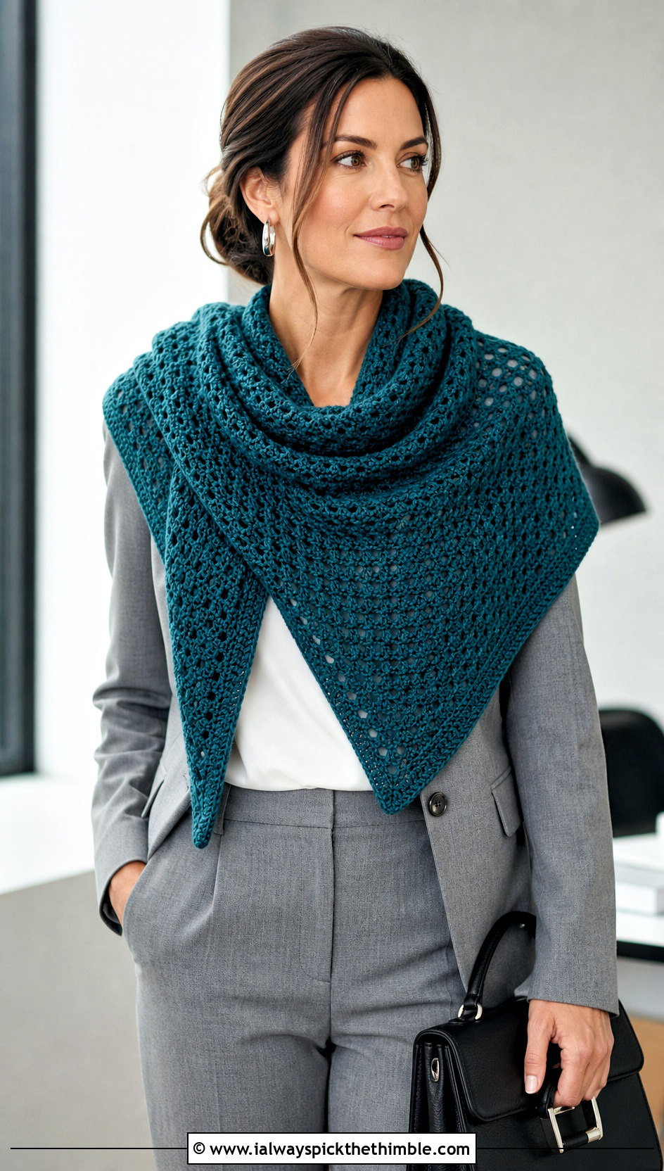 Solid Granny Stitch Triangle Shawl With Blazer And Trousers - 20 granny square triangle shawl outfit ideas