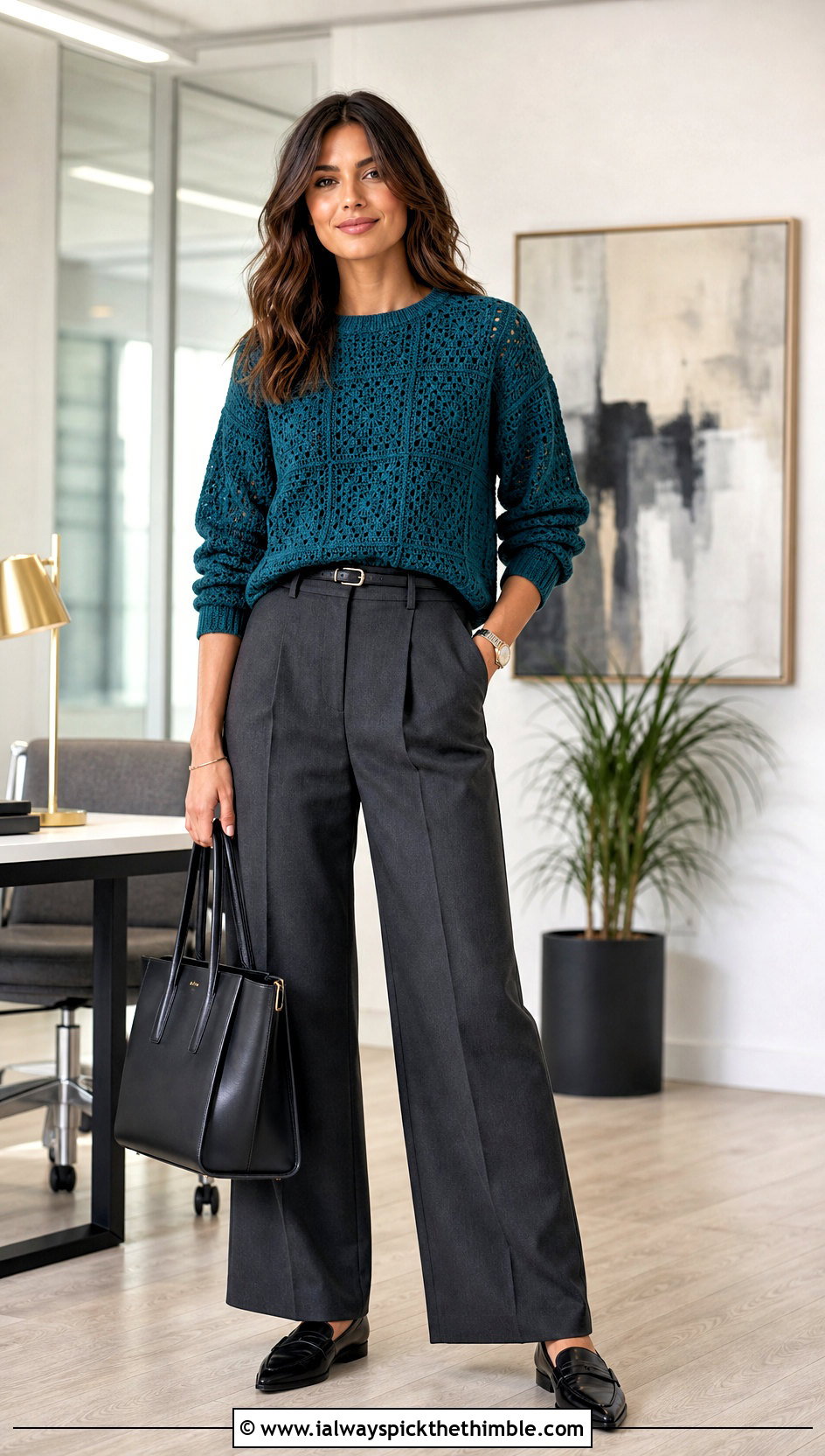 Solid Motif Square Crochet Sweater With Wide Leg Trousers - 20 Square Crochet Sweater outfit ideas