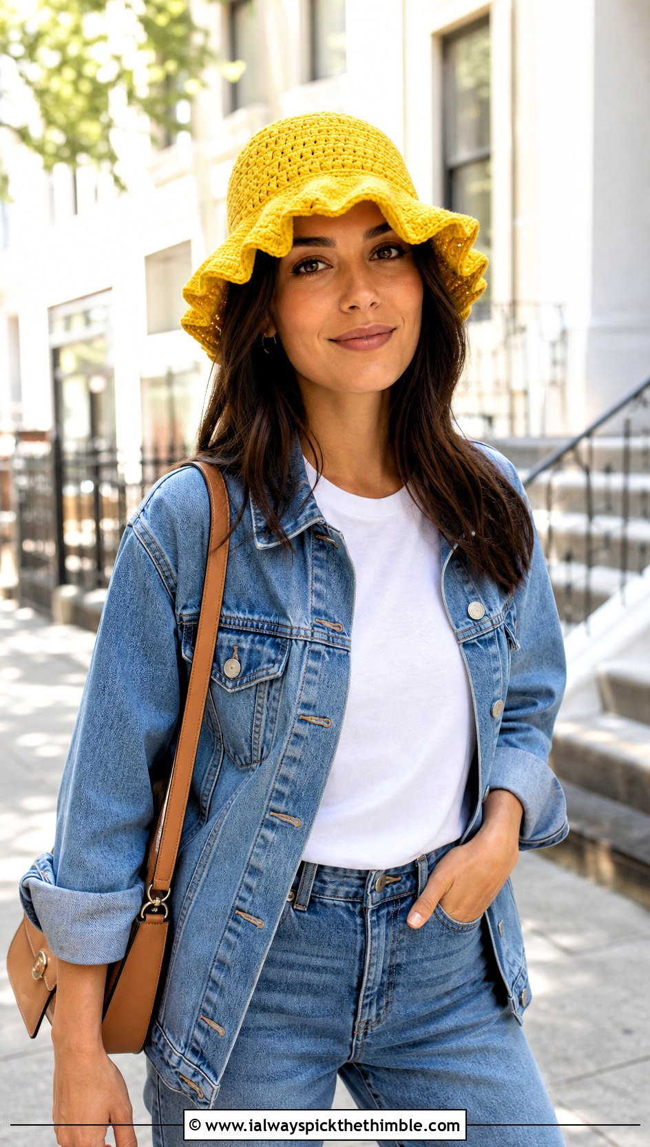 Solid Ruffle Brim Bucket Hat With White Tee And Jeans - 25 crochet ruffle hat outfit ideas