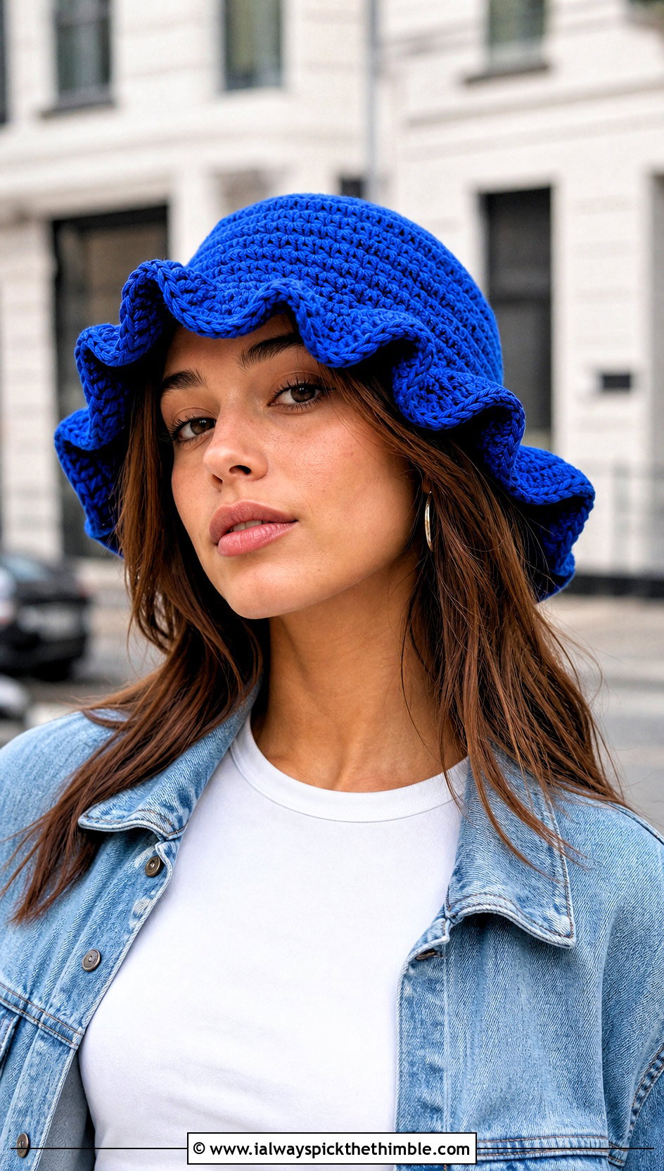 Solid Ruffle Crochet Bucket Hat With White Tee And Jeans - 20 Crochet Bucket Hat With Ruffles outfit ideas