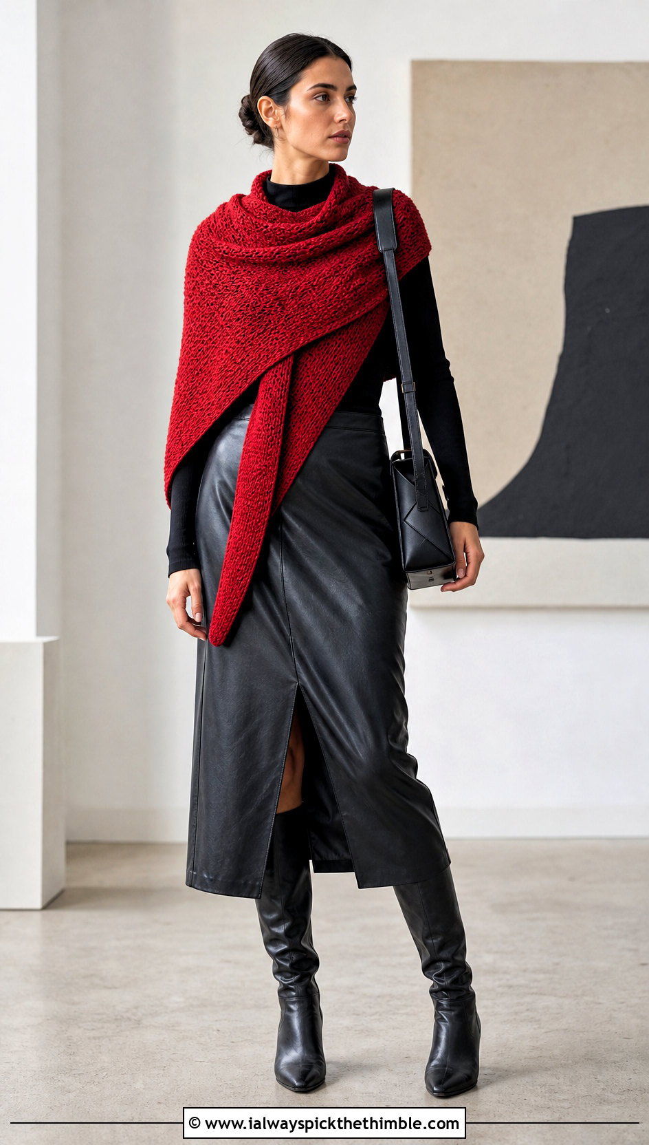 Solid Square Crochet Shawl With Leather Midi Skirt - 20 Square Crochet Shawl outfit ideas