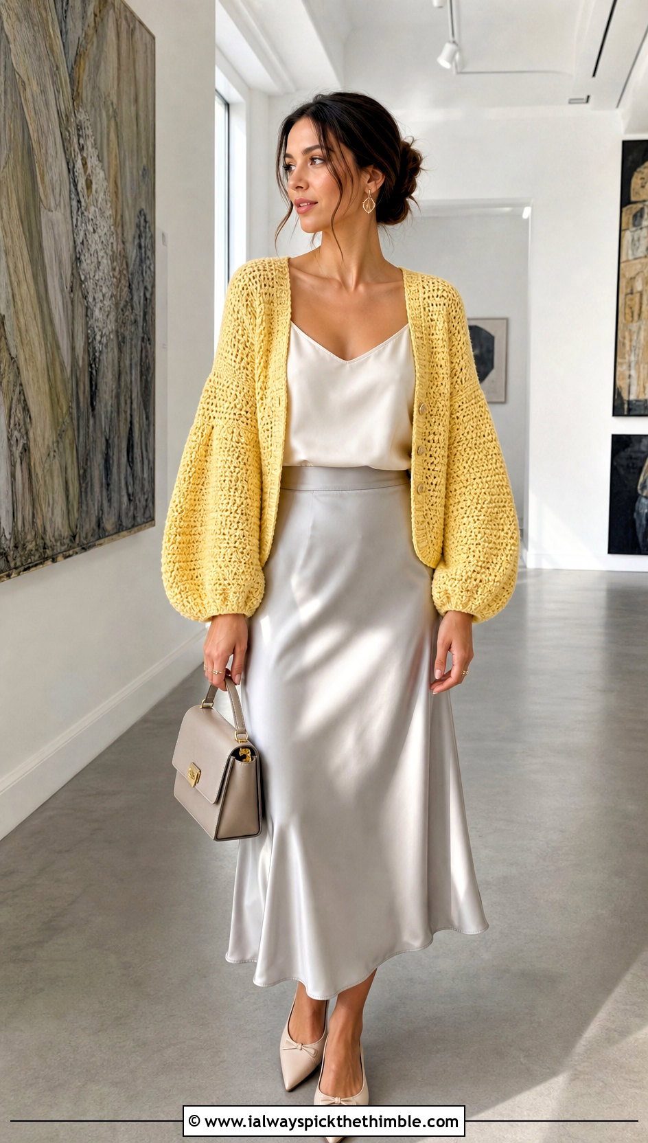 Solid Stitch Balloon Sleeve Cardigan With Satin Midi Skirt - 20 Crochet Puffy Sleeves Cardigan outfit ideas