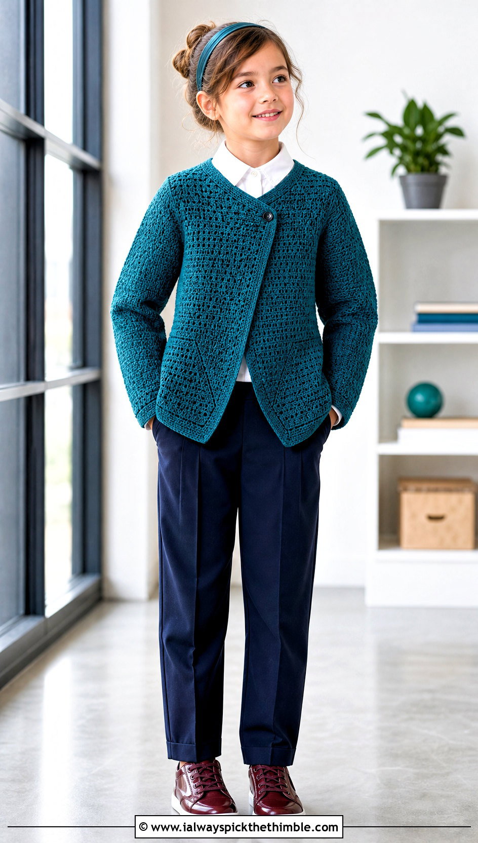 Solid Stitch Childs Hexagon Cardigan With Pleated Trousers - 15 Crochet Childs Hexagon Cardigan outfit ideas