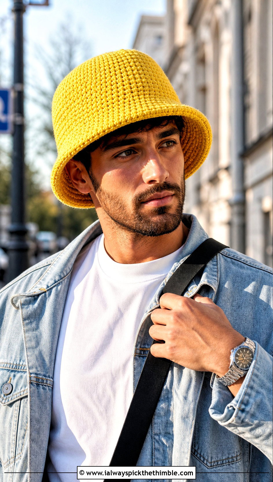 Solid Stitch Crochet Bucket Hat With White T Shirt And Jeans - 15 men's crochet bucket hat outfit ideas