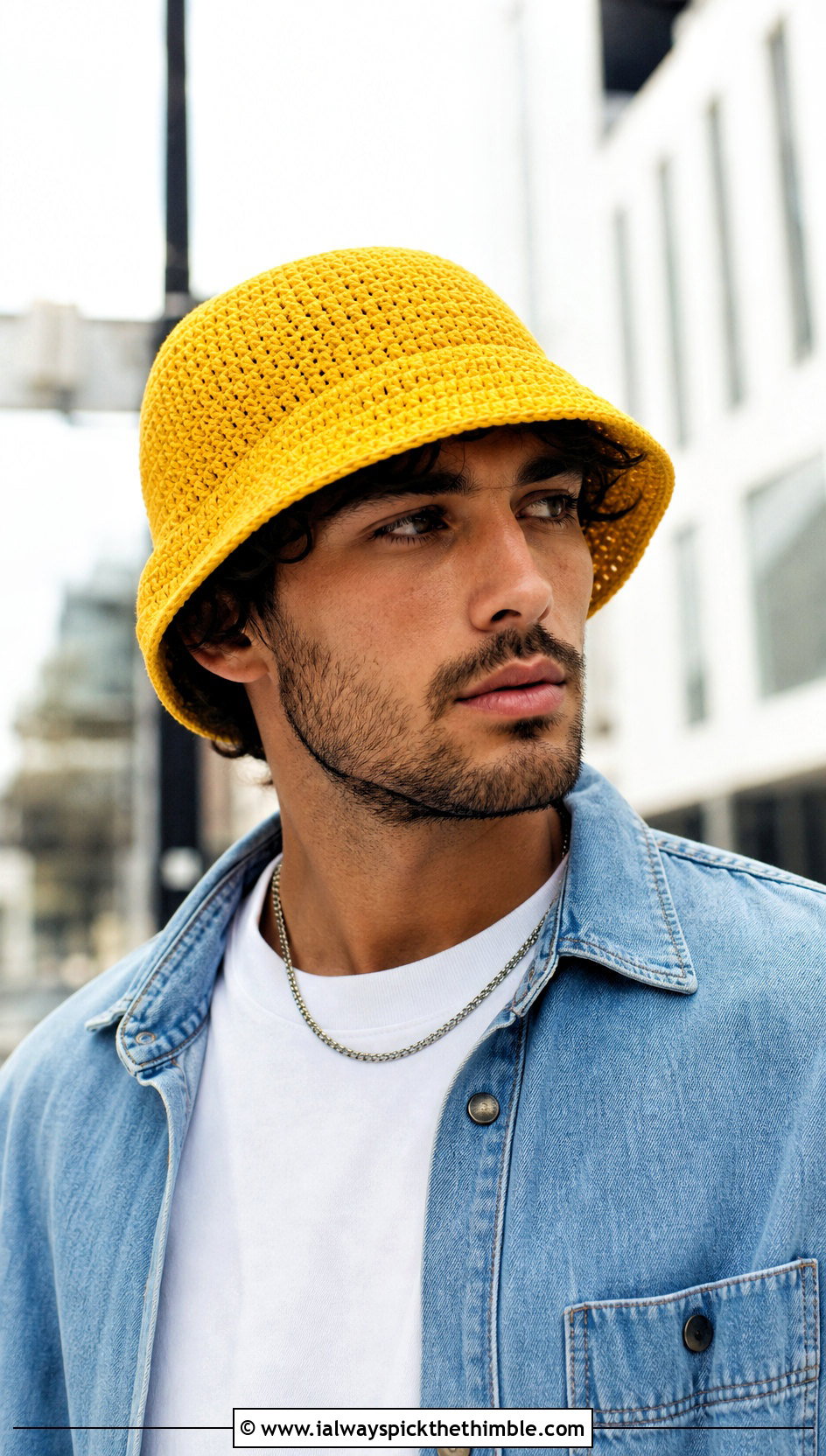 Solid Stitch Crochet Bucket Hat With White T Shirt And Jeans - 20 crochet bucket hat men outfit ideas