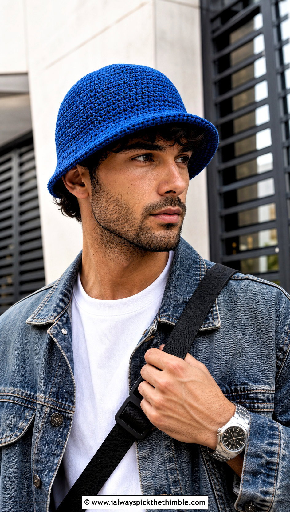 Solid Stitch Crochet Bucket Hat With White T Shirt And Jeans - 15 Crochet Mens Bucket Hat outfit ideas