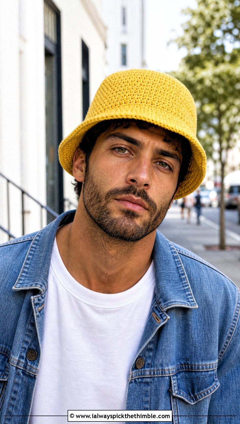 Solid Stitch Crochet Bucket Hat With White Tee And Jeans - 15 mens crochet bucket hat outfit ideas