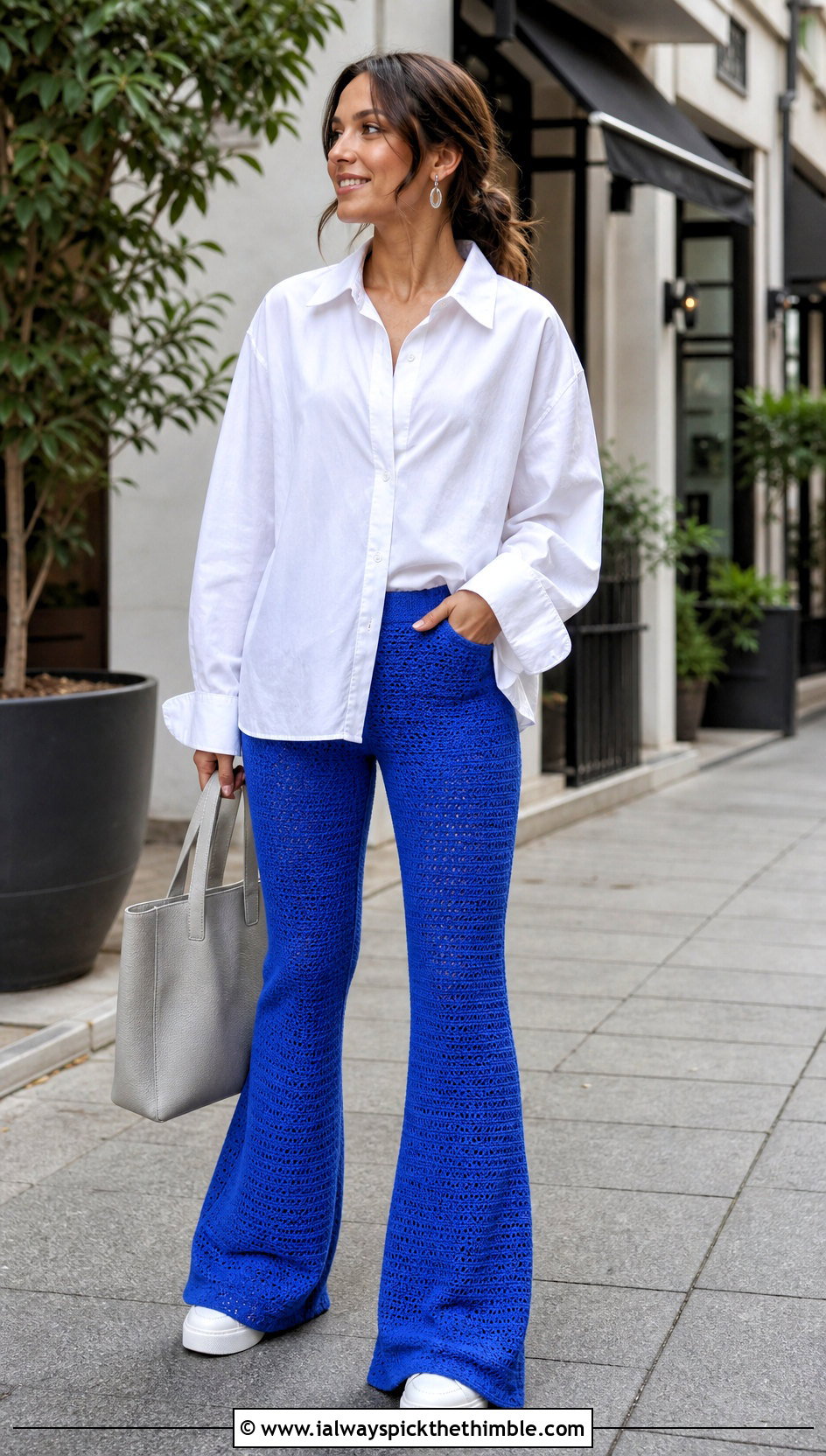 Solid Stitch Crochet Flare Pants With White Button Down Shirt - 20 flare crochet pants outfit ideas