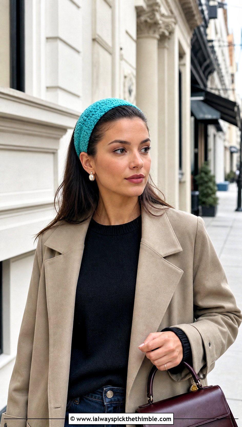 Solid Stitch Crochet Headband Scarf With Trench Coat And Jeans - 15 Crochet Hair Scarf Ideas