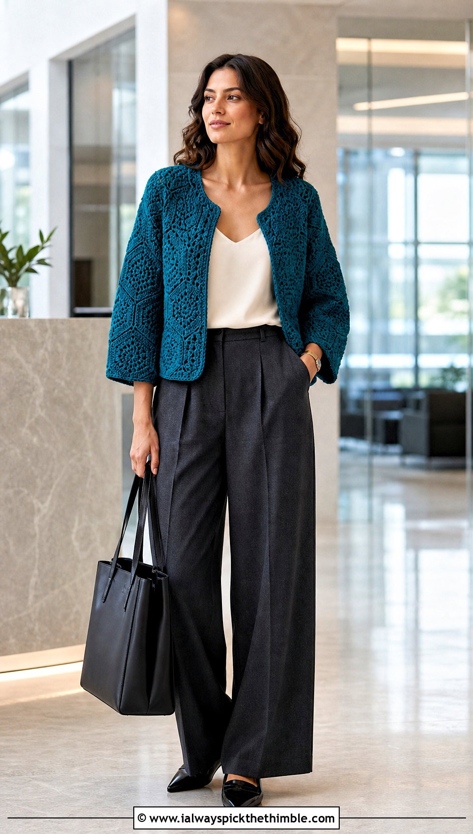 Solid Stitch Crochet Hexagon Jumper With Tailored Trousers - 20 crochet hexagon jumper outfit ideas