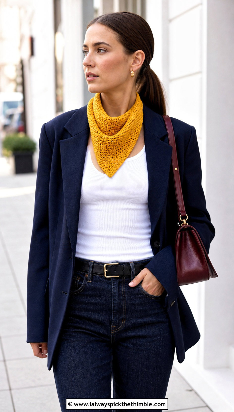 Solid Stitch Crochet Kerchief With Blazer And Jeans - 25 crochet head scarf outfit ideas