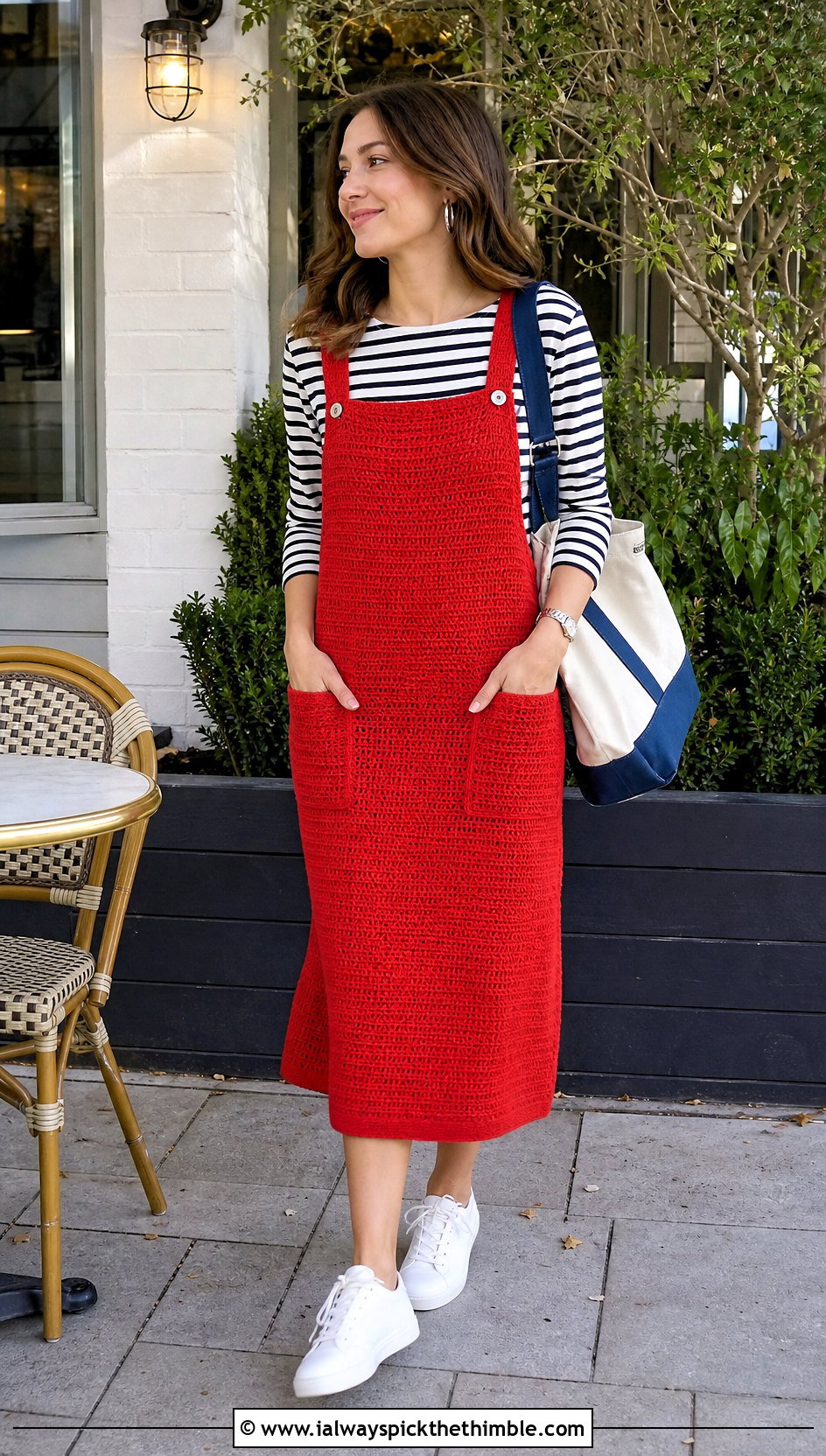 Solid Stitch Crochet Overall Dress With Breton Top - 25 Crochet Overall Dress outfit ideas