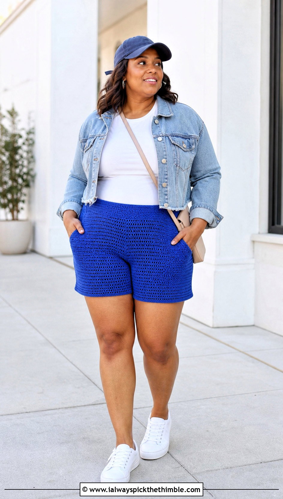 Solid Stitch Crochet Shorts With Pockets And Denim Jacket - 20 crochet shorts with pockets outfit ideas