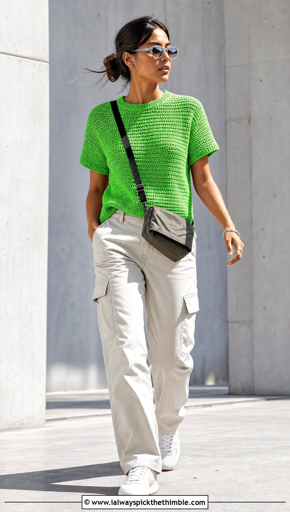 Solid Stitch Crochet T Shirt With Cargo Pants - 20 easy crochet shirt outfit ideas