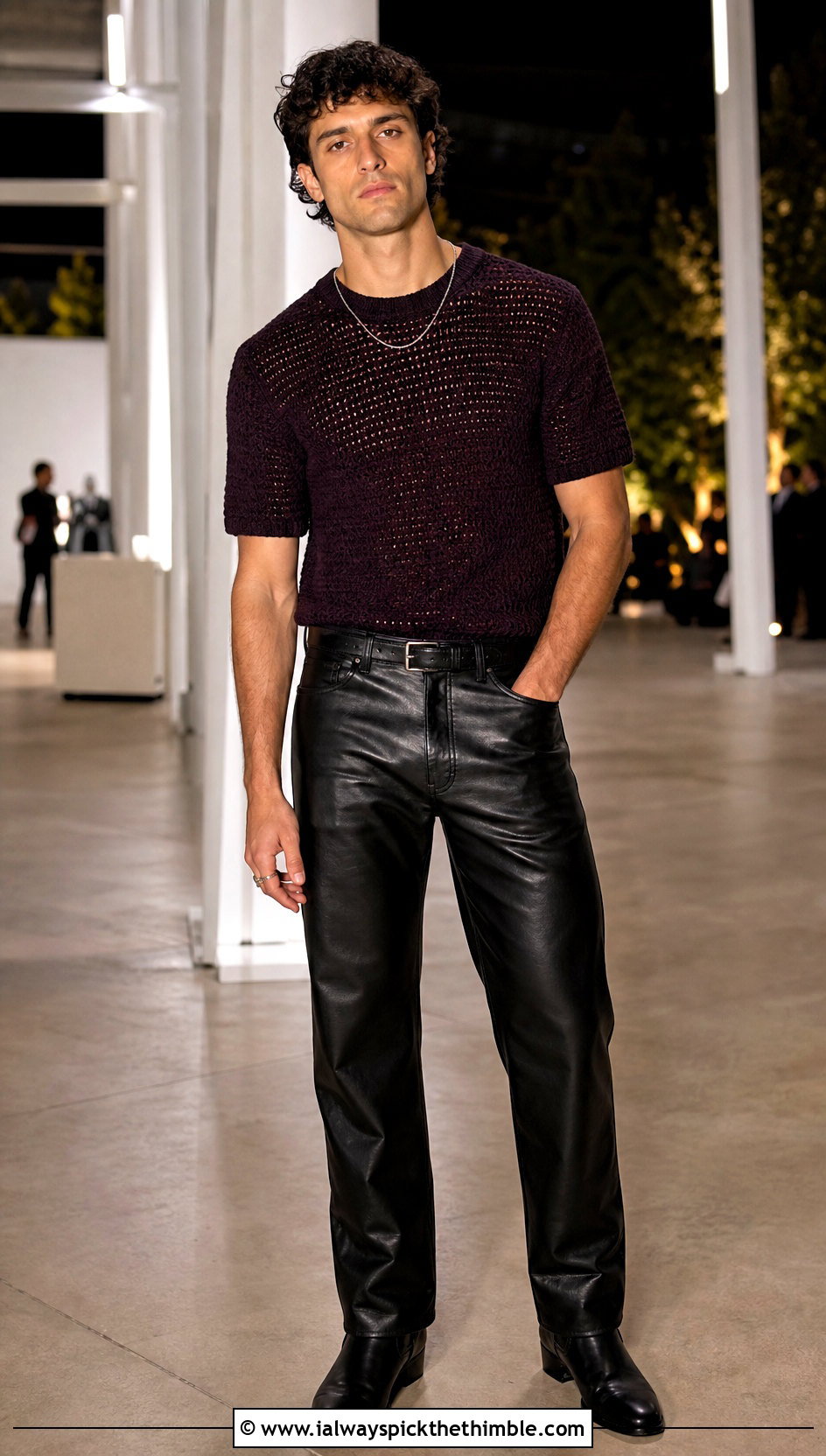 Solid Stitch Crochet T Shirt With Leather Pants - 25 crochet top for men outfit ideas
