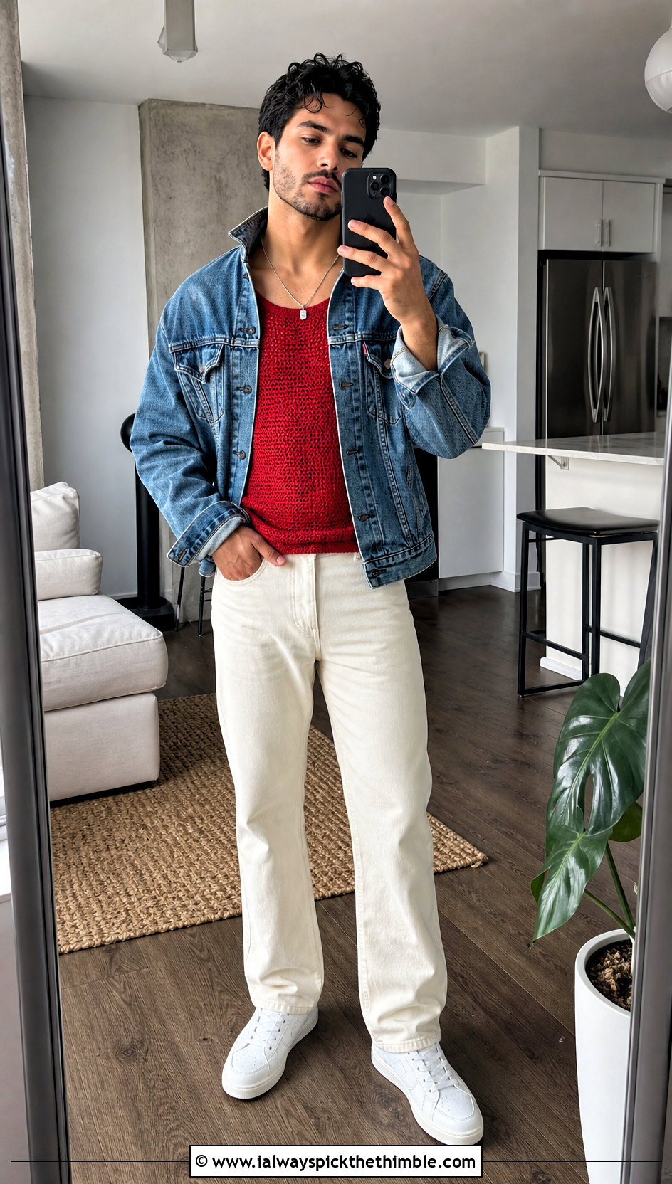 Solid Stitch Crochet Tank Top With Denim Jacket - 20 Mens Crochet Tank Top outfit ideas