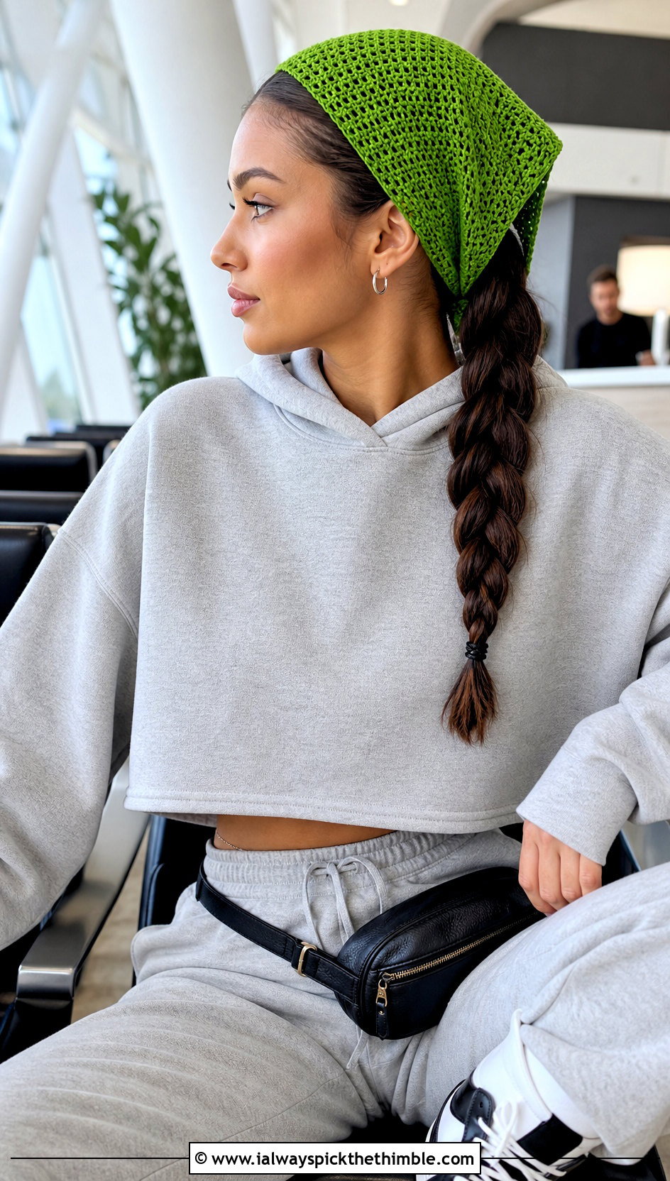 Solid Stitch Crochet Triangle Hair Scarf With Hoodie And Joggers - 20 crochet triangle hair scarf outfit ideas
