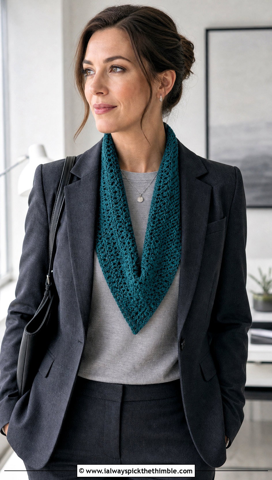 Solid Stitch Crochet Triangle Shawl With Tailored Pantsuit - 25 crochet triangle shawl outfit ideas