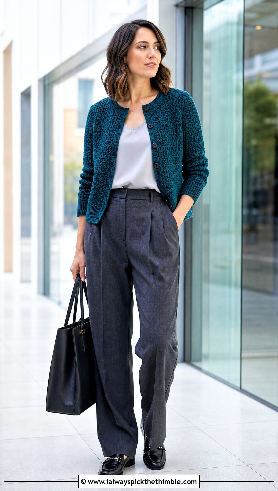 Solid Stitch Hex Crochet Cardigan With Tailored Trousers - 25 hex crochet cardigan outfit ideas