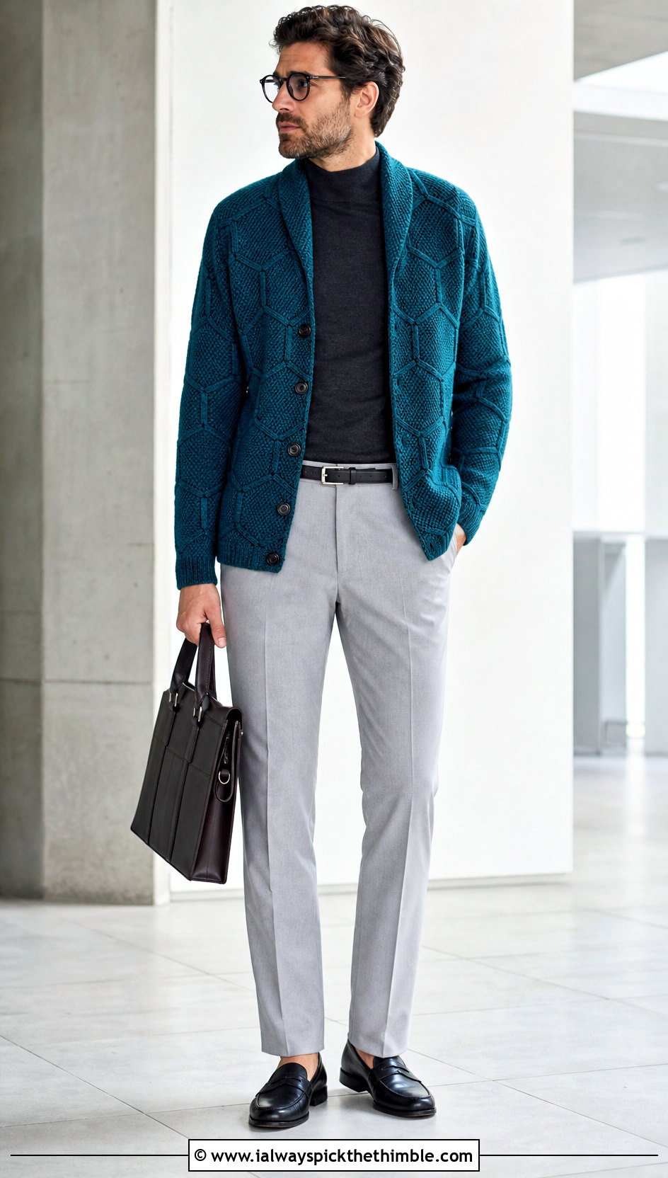 Solid Stitch Hexagon Cardigan With Tailored Trousers - 25 men hexagon crochet cardigan outfit ideas