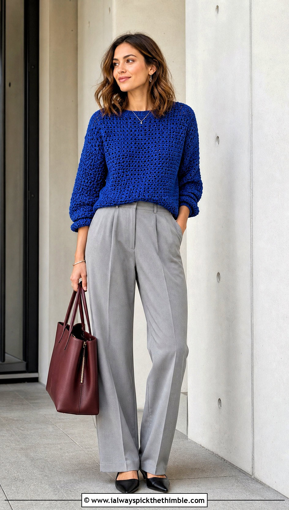 Solid Stitch Hexagon Pullover With Tailored Trousers - 25 crochet hexagon sweater outfit ideas