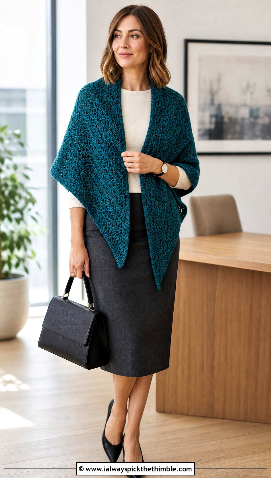 Solid Stitch Hexagon Shawl With Pencil Skirt - 20 Crochet Hexagon Shawl outfit ideas