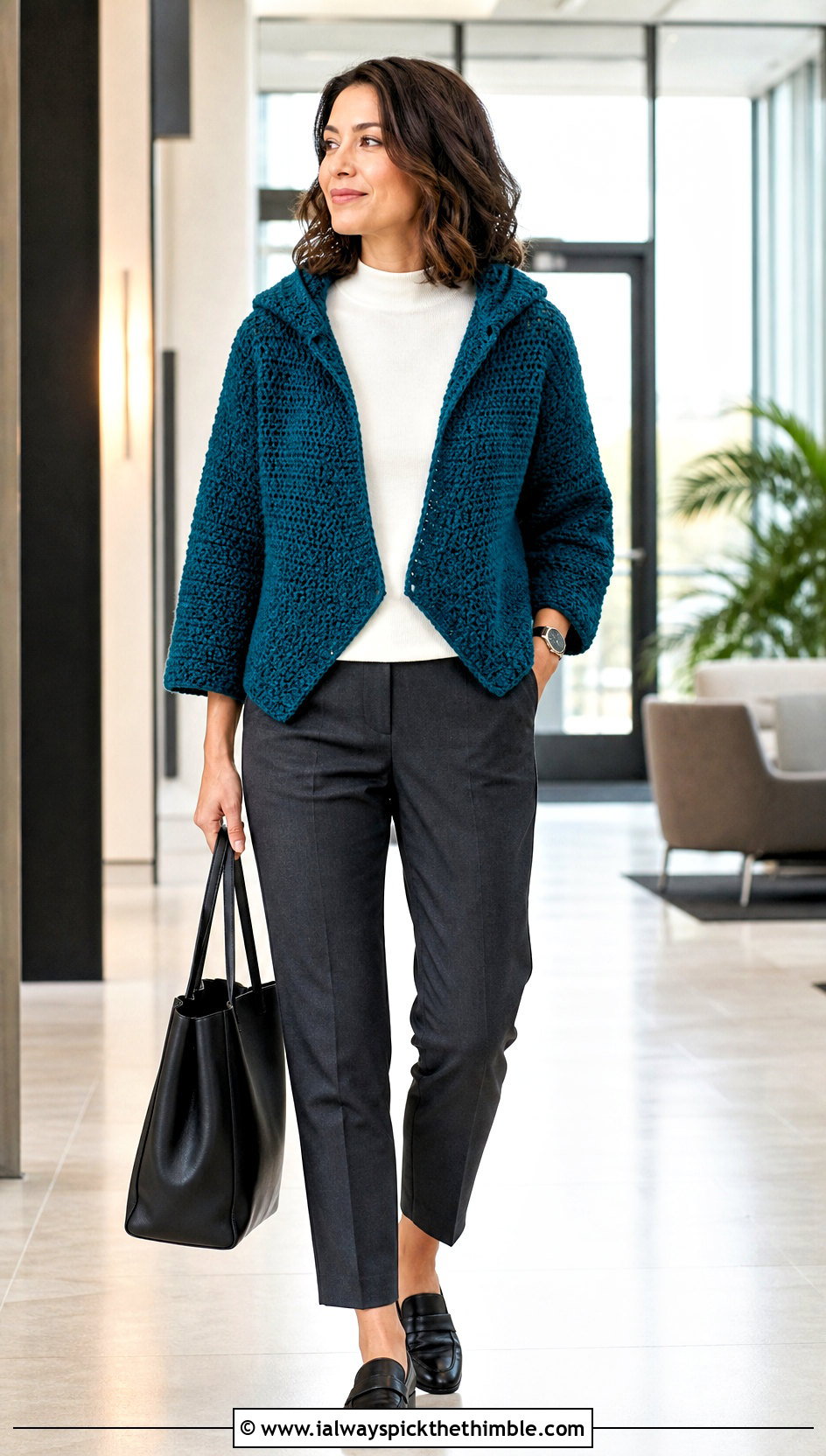 Solid Stitch Hexi Crochet Hoodie With Tailored Trousers - 20 hexi crochet hoodie outfit ideas