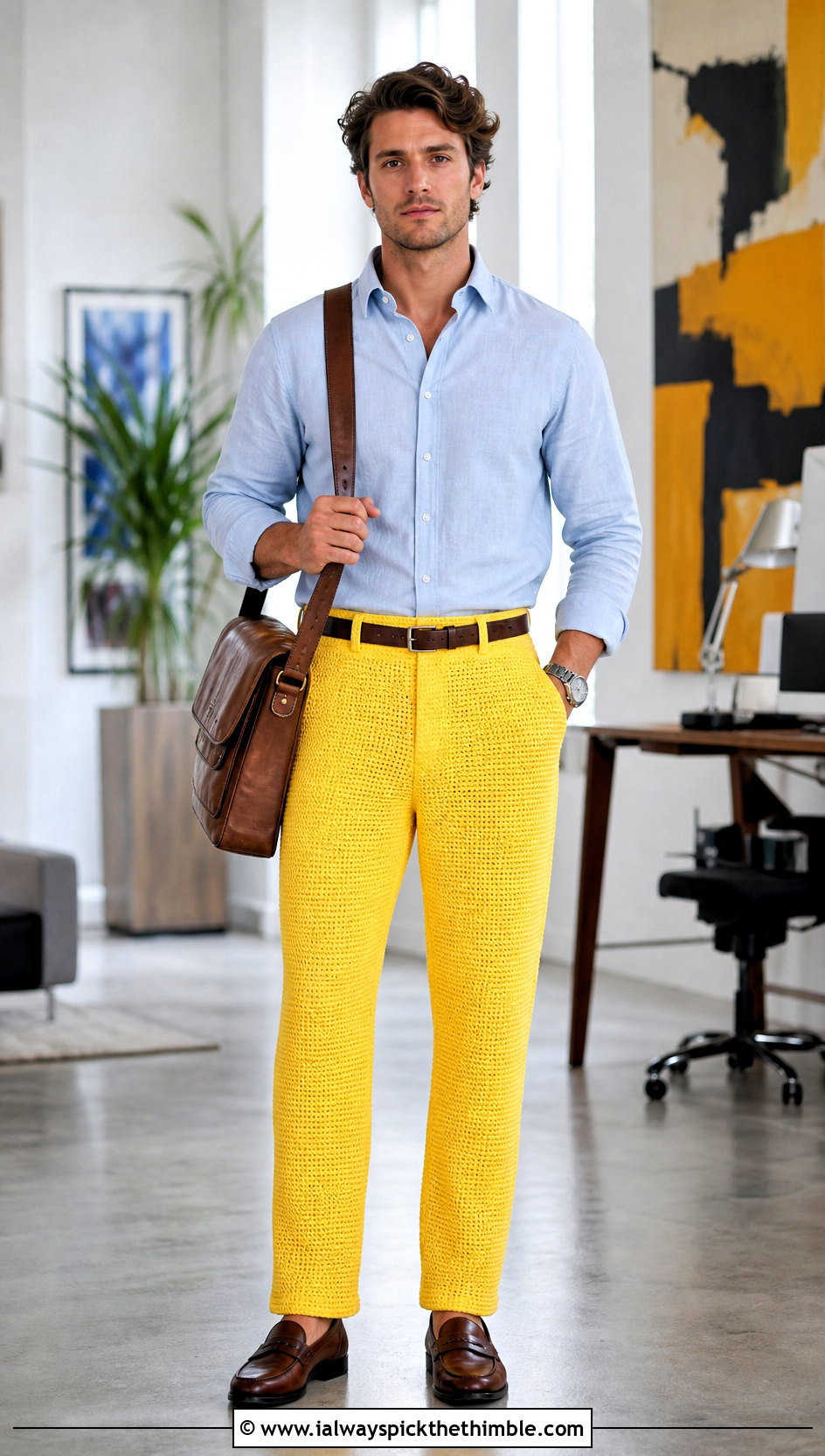 Solid Stitch Tailored Crochet Pants With Oxford Shirt - 15 crochet men pants outfit ideas