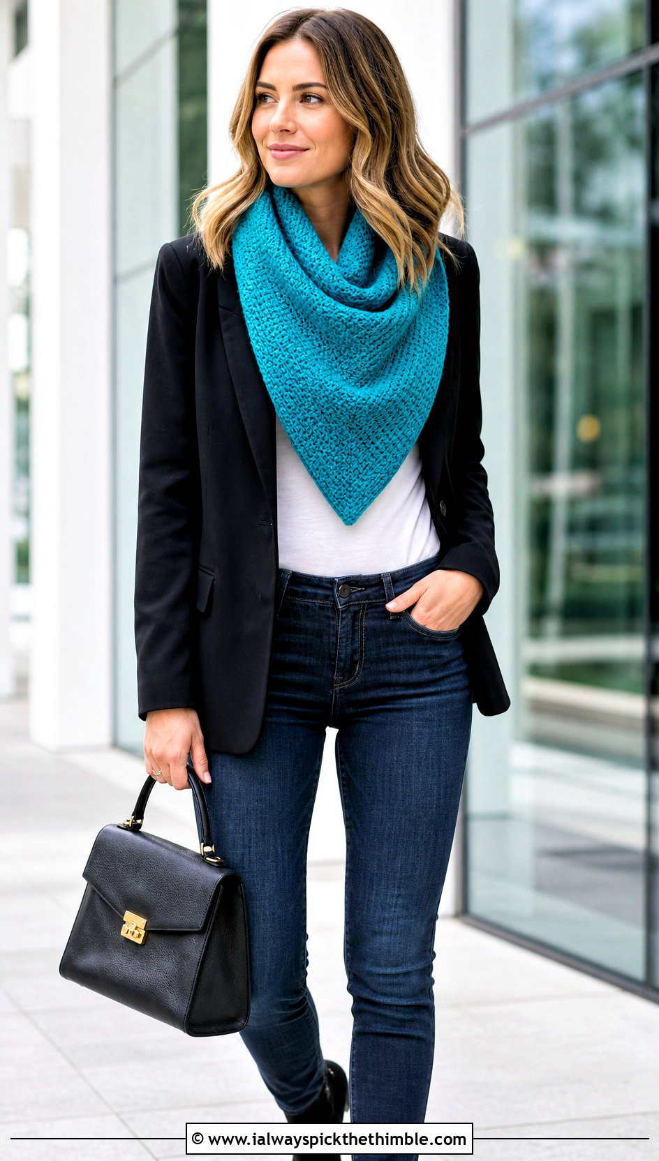 Solid Stitch Triangle Crochet Shawl With Blazer And Jeans - 20 easy triangle crochet shawl outfit ideas