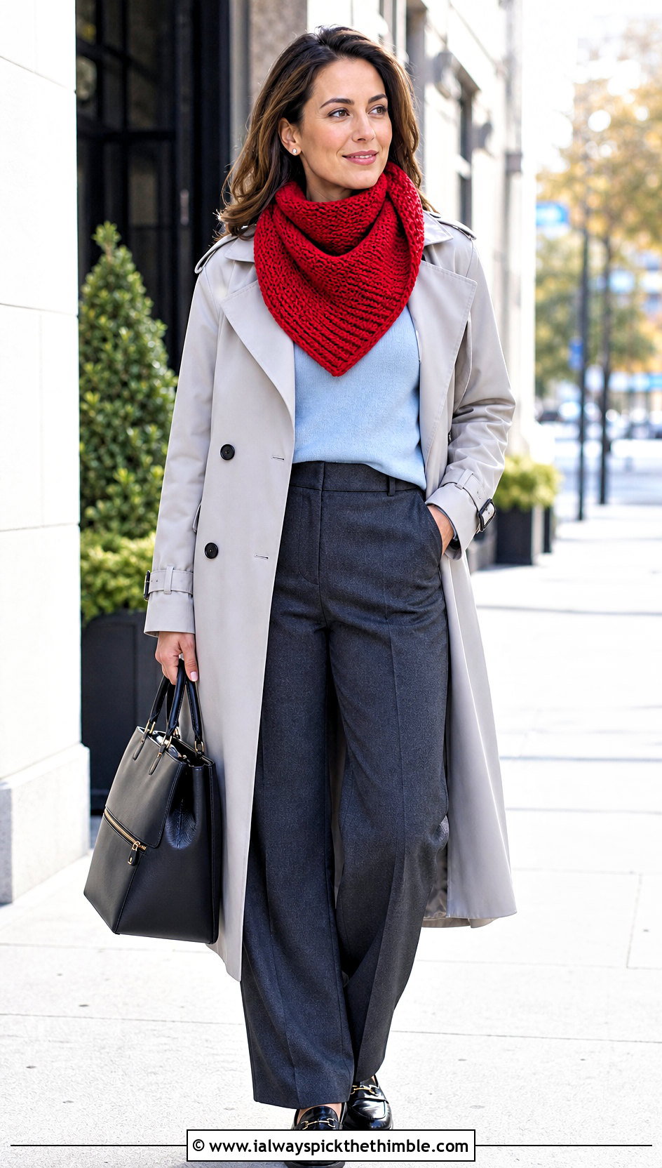 Solid Stitch Triangle Crochet Shawl With Trench Coat And Loafers - 15 Beginner Triangle Crochet Shawl outfit ideas