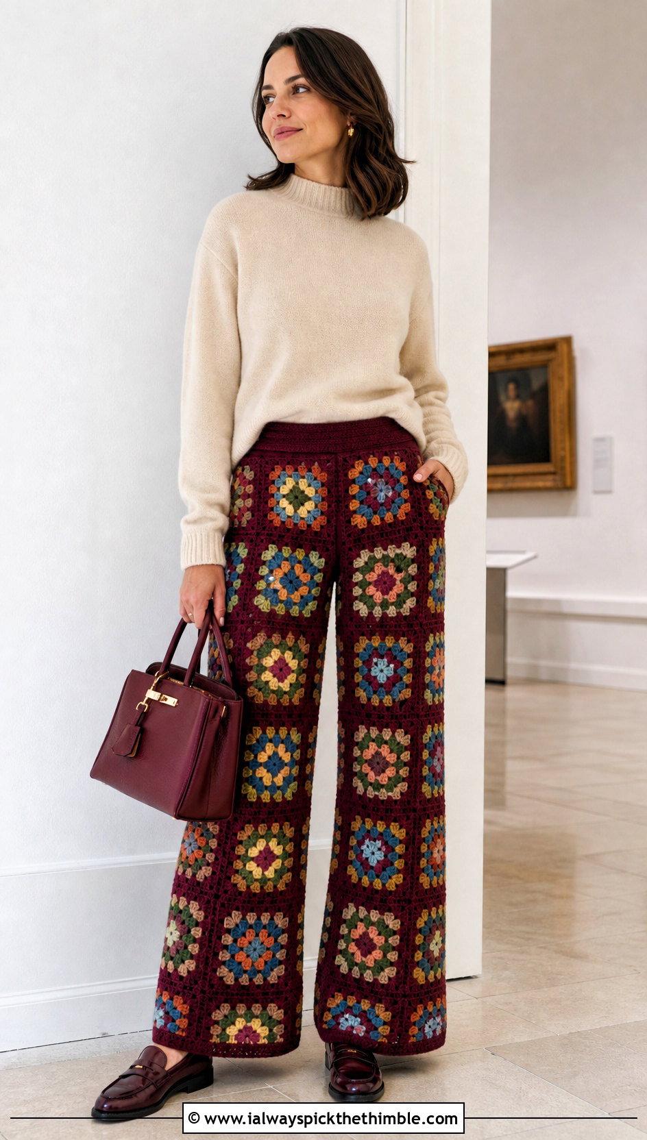 Solid Trim Granny Square Pants With Cashmere Sweater And Loafers - 20 Granny Square Crochet Pants outfit ideas